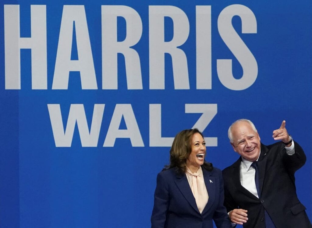 Kamala Harris and Tim Walz tour battleground states with Trump and Vance behind them