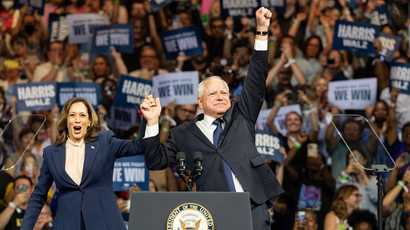 Analysis: Happy warriors Harris and Walz propose an antidote to Trump’s American carnage