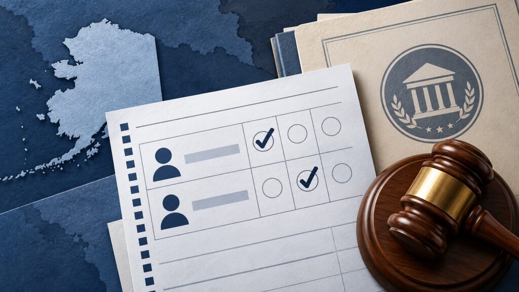 DOJ Asks Court to Halt Alaska Senate Certification if Namesake Candidate Alters Outcome A conceptual ranked-choice ballot with two similar blank candidate rows beside an Alaska map and a judge's gavel.