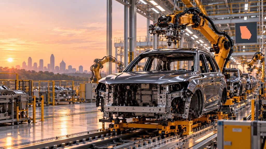 A conceptual premium SUV assembly line with robotic equipment and a Georgia symbol in the background.