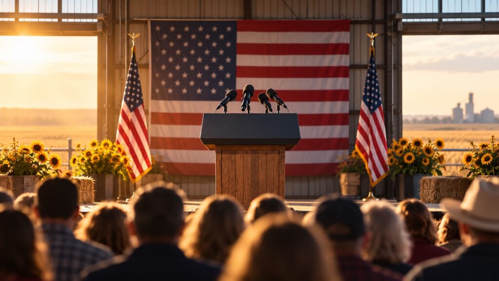 Vance Returns to Kansas as Republicans Reinforce Marshall in a Competitive Senate Race A conceptual Kansas campaign rally with a podium, microphones, American flags and a sunflower motif.