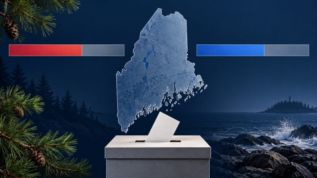 New Maine Poll Shows Collins in Statistical Tie as Independents Break Toward Jackson A conceptual election graphic with a map of Maine, a ballot box, pine branches and two nearly even polling bars.