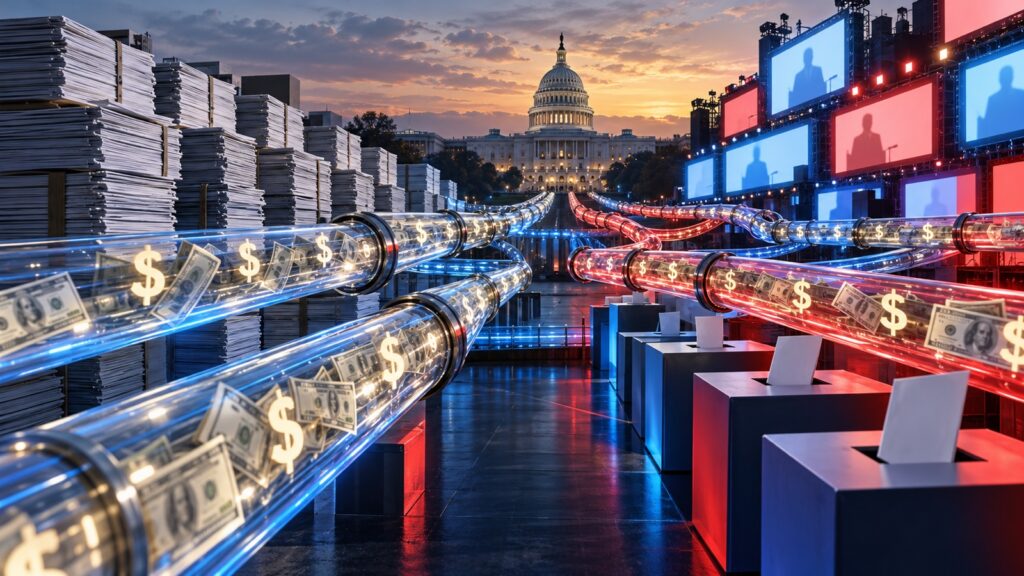 A conceptual view of the U.S. Capitol with abstract campaign-finance lines flowing toward ballot boxes.