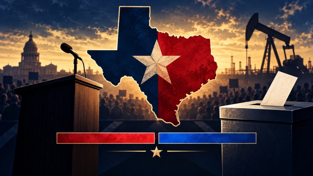 Trump’s Texas Swing Puts Turnout at Center of Paxton–Talarico Senate Fight A conceptual Texas election illustration with a Lone Star map, rally podium, ballot box and nearly even red and blue support bars.